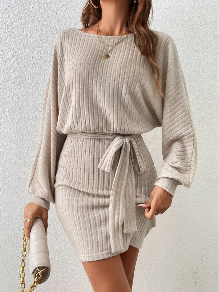 European & American Style Belt Decorative Long-Sleeve Knitted Dress