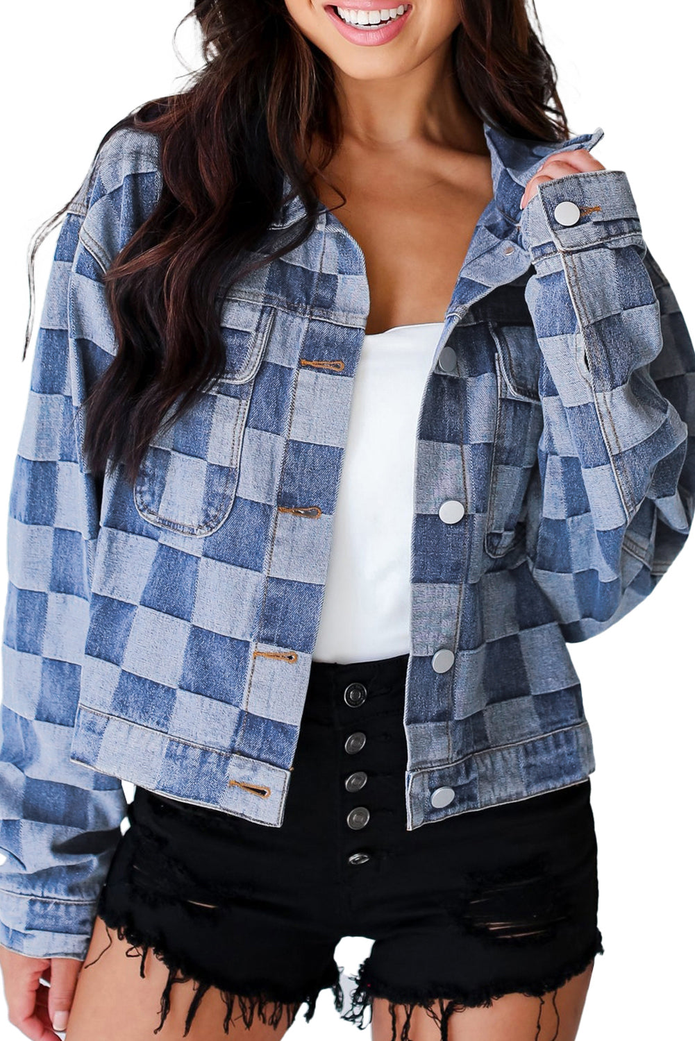 Light Blue Chequered Patchwork Button-Up Denim Jacket