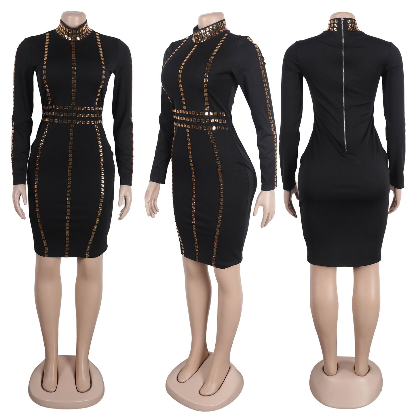 Tight Slim-Fit Rhinestone Stretch Midi Dress