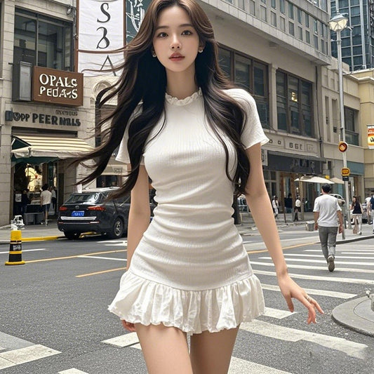 Versatile Ruffle-trimmed Slim-fit Figure-flattering Short-sleeve Dress