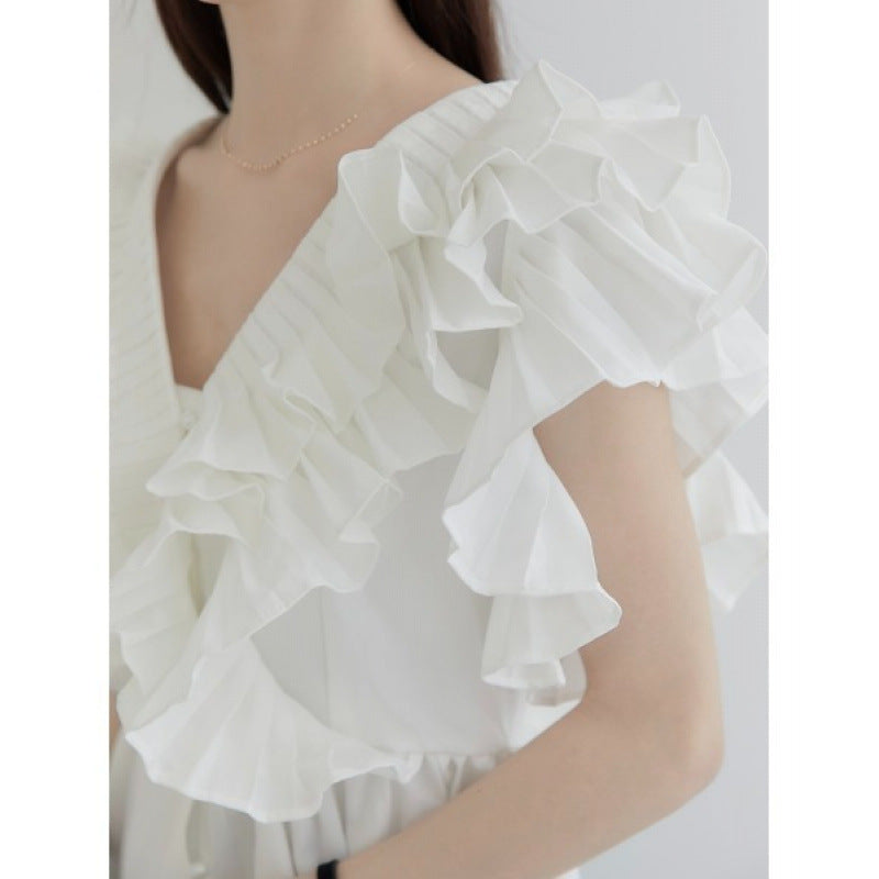 Single-breasted Ruffled Pleated Short Blouse