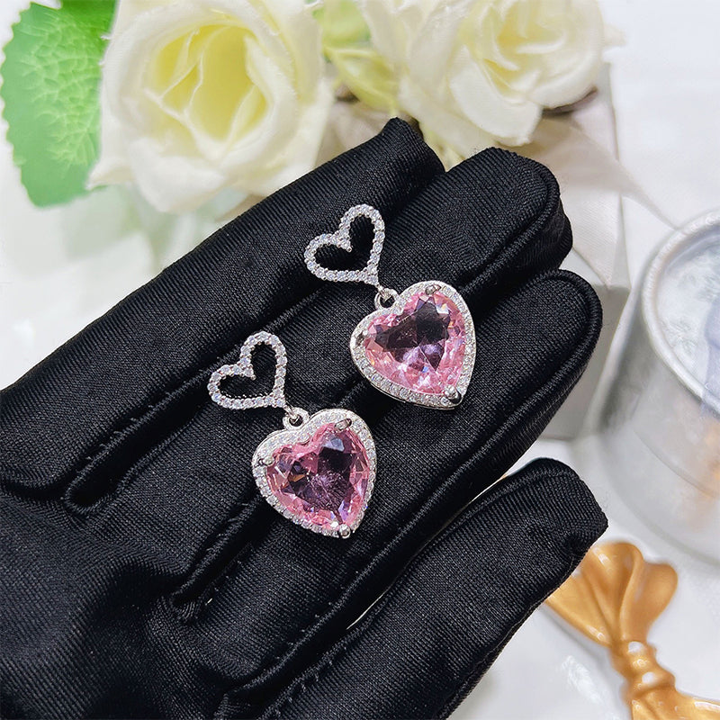 New Light Luxury Premium Feeling Pink Crystal Heart Earrings For Women