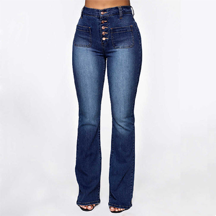 Patch Pocket Ladies' Washed High-Waist Denim Trousers - Plus-Sizes Available