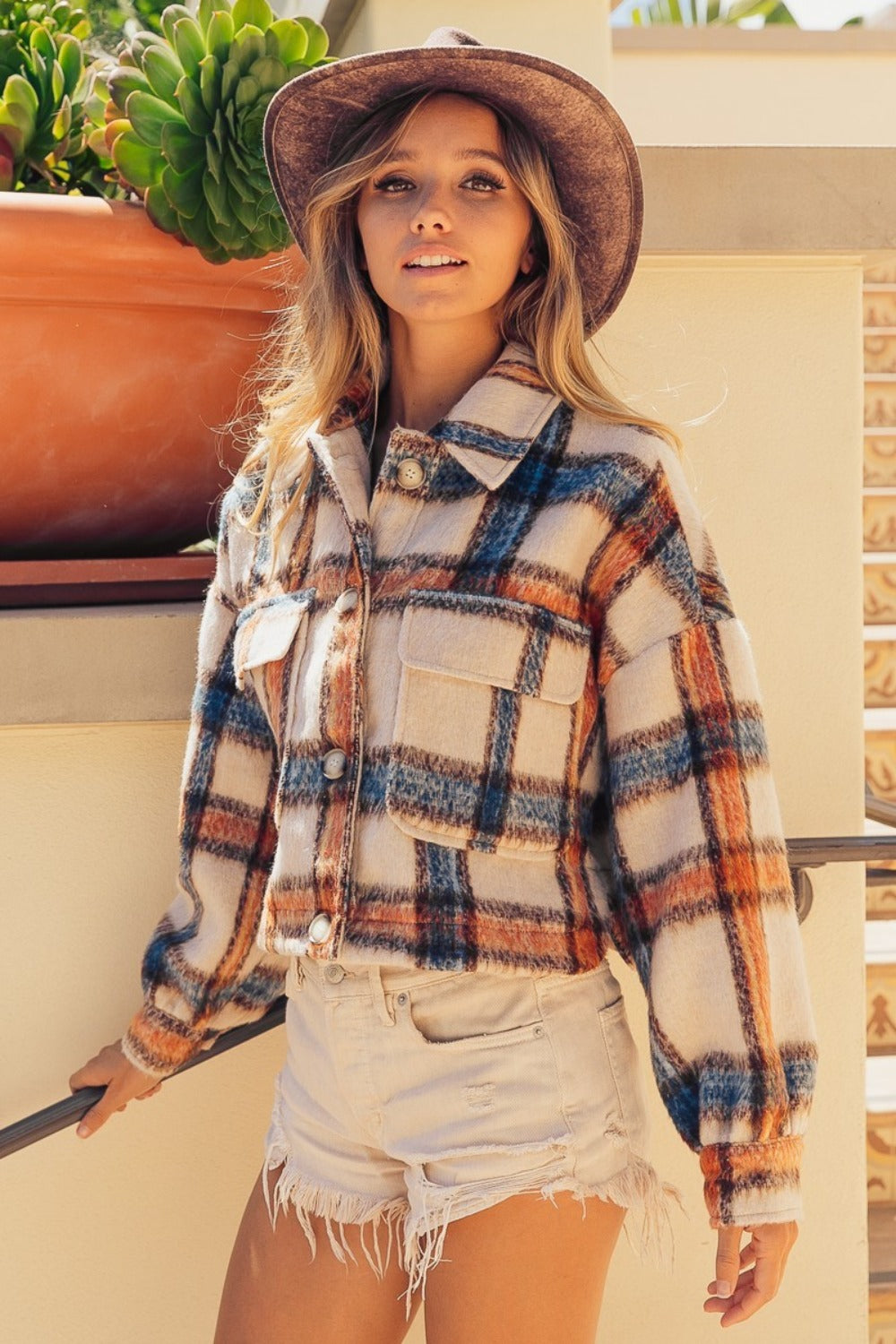 Brushed Plaid Crop Jacket With Pockets - US Only