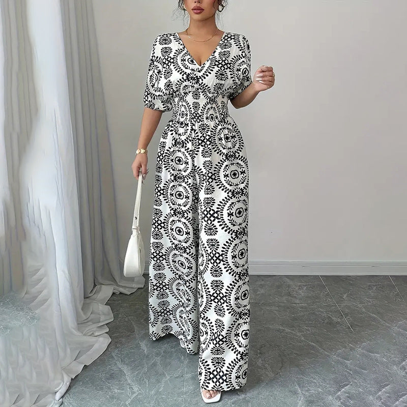 Short-Sleeve V-Neck Wide-Leg Pants Jumpsuit - US Only