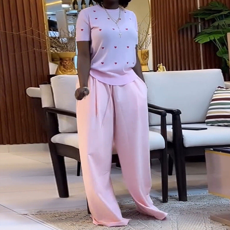 Crew-neck Heart-print Short-sleeve Top And Wide-leg Trousers Set