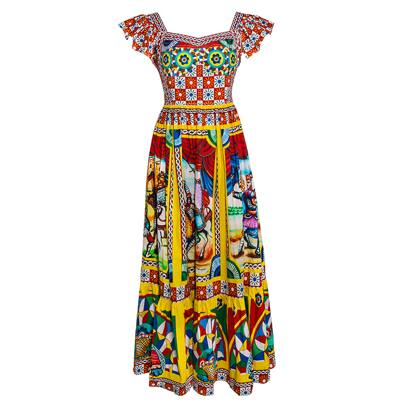 Flying-Sleeve Warrior Print Cotton Dress