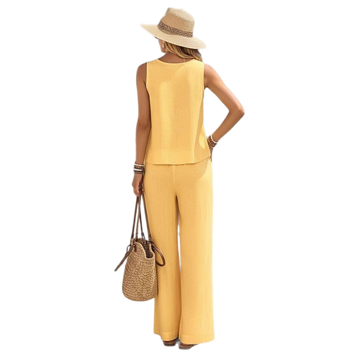 Casual Cotton-Linen Vest & Pants Outfit