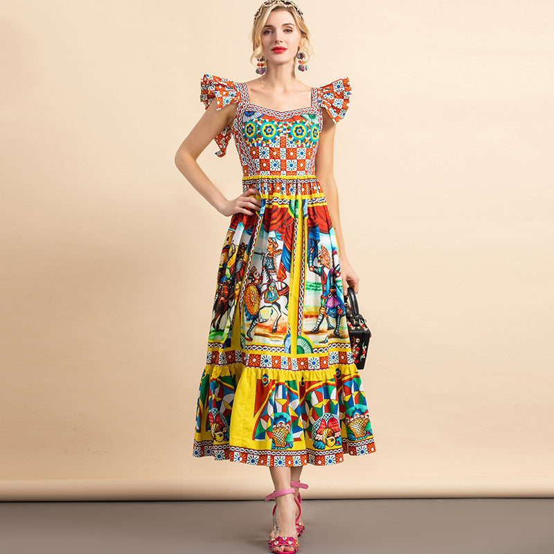 Flying-Sleeve Warrior Print Cotton Dress