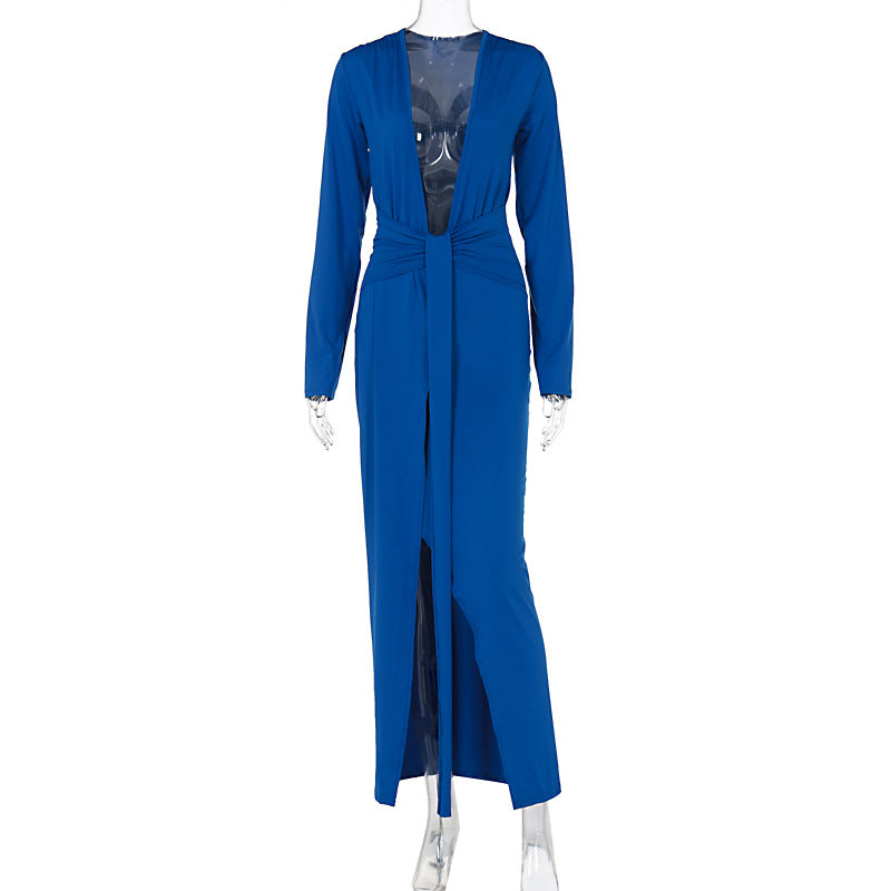 Women's Deep V-neck Long Sleeve Tied Split Dress