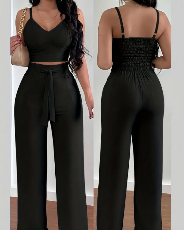 Sexy Backless Halter V-Neck Short Tank Top With Drawstring High-Waist Straight-Leg Pants