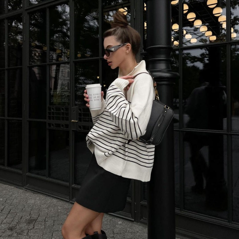 Striped Lapel Half-Open Zipper Knitted Sweater