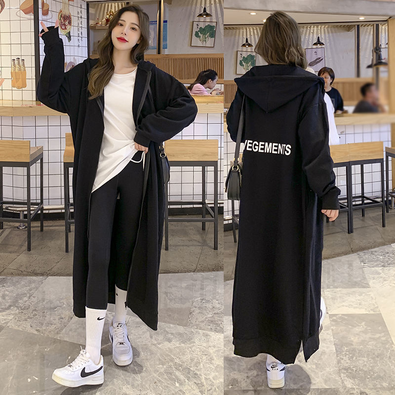 Loose-Fitting Plus-Size Pullover Hooded Fleece-Lined Thickened Long-Section Zipper Hong Kong Style Cardigan Dress