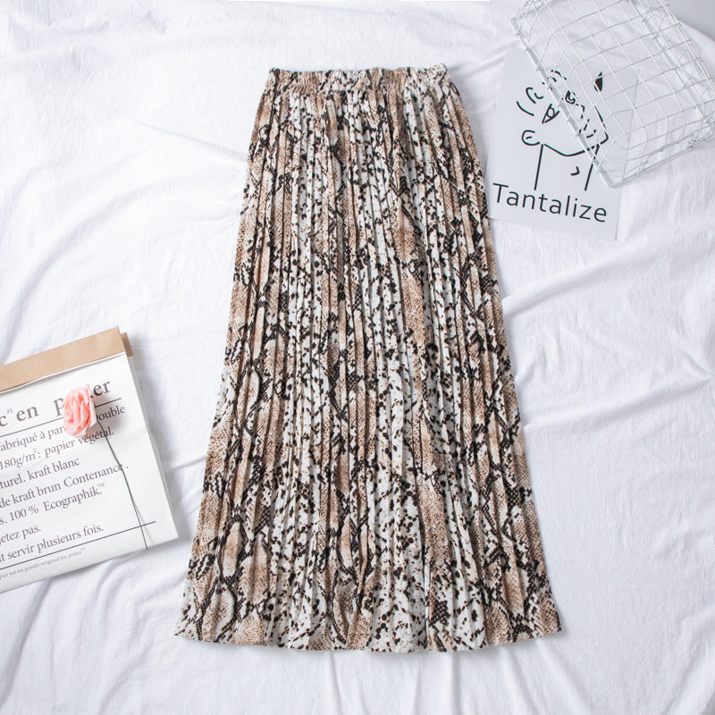 Slimming High-Waist Snake Print Pleated Skirt