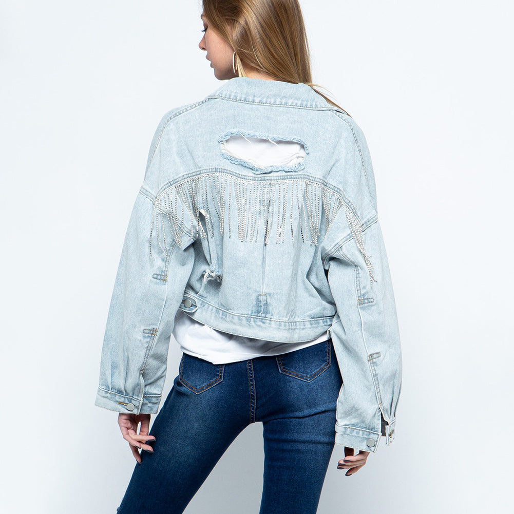 Ripped Rhinestone Tassel Long-Sleeve Denim Jacket