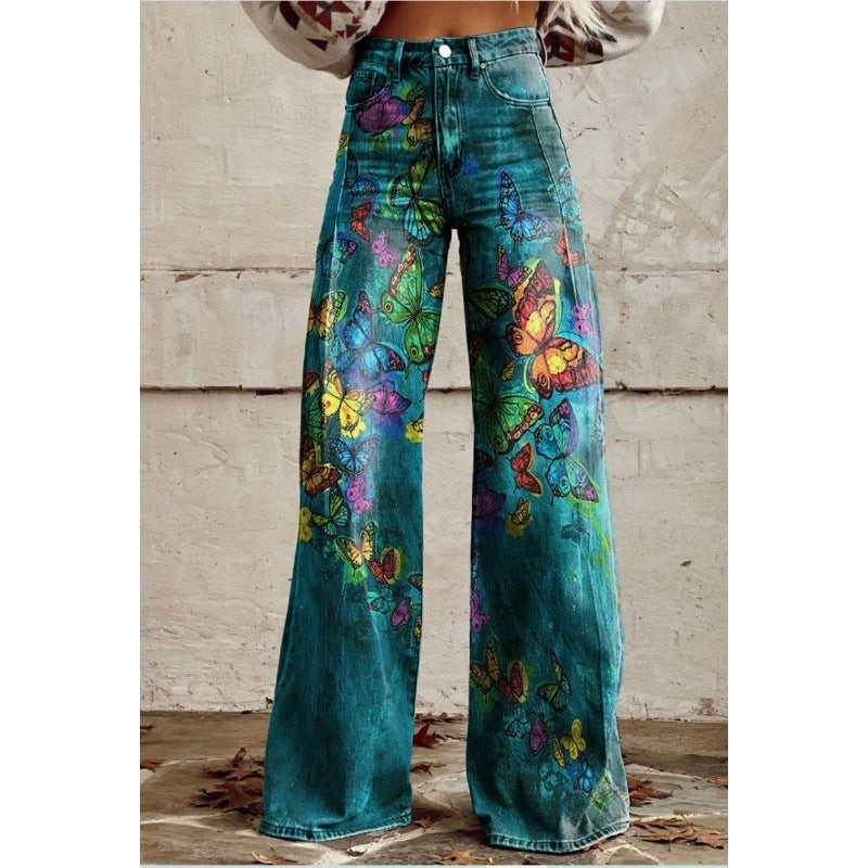 Printed High-Waist Loose Thin Imitation Denim Wide-Leg Pants