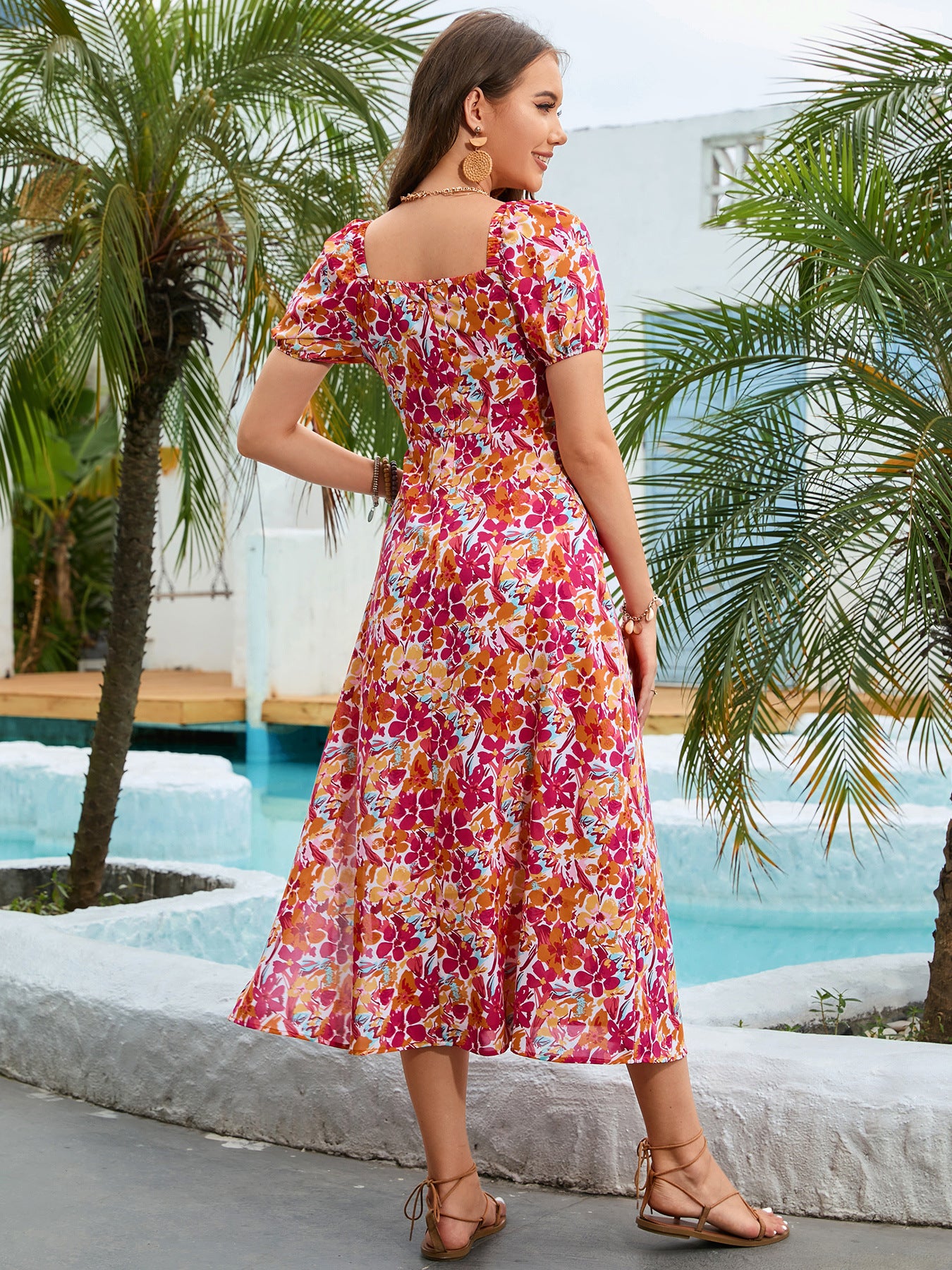 Square-Collar Puff-Sleeve French Printing Dress