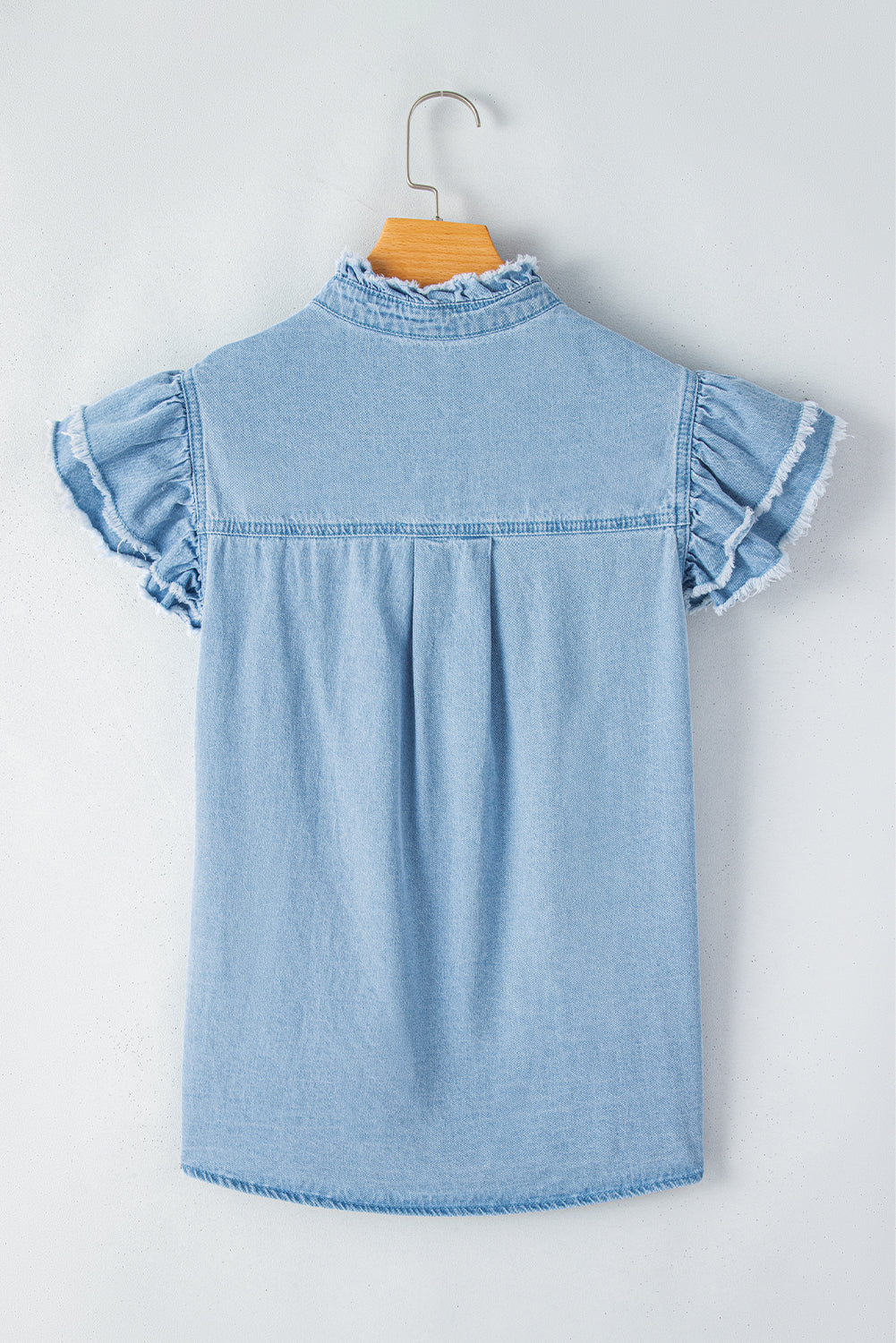 Ashleigh Blue Button Front Ruffled Flutter Frayed Denim Top