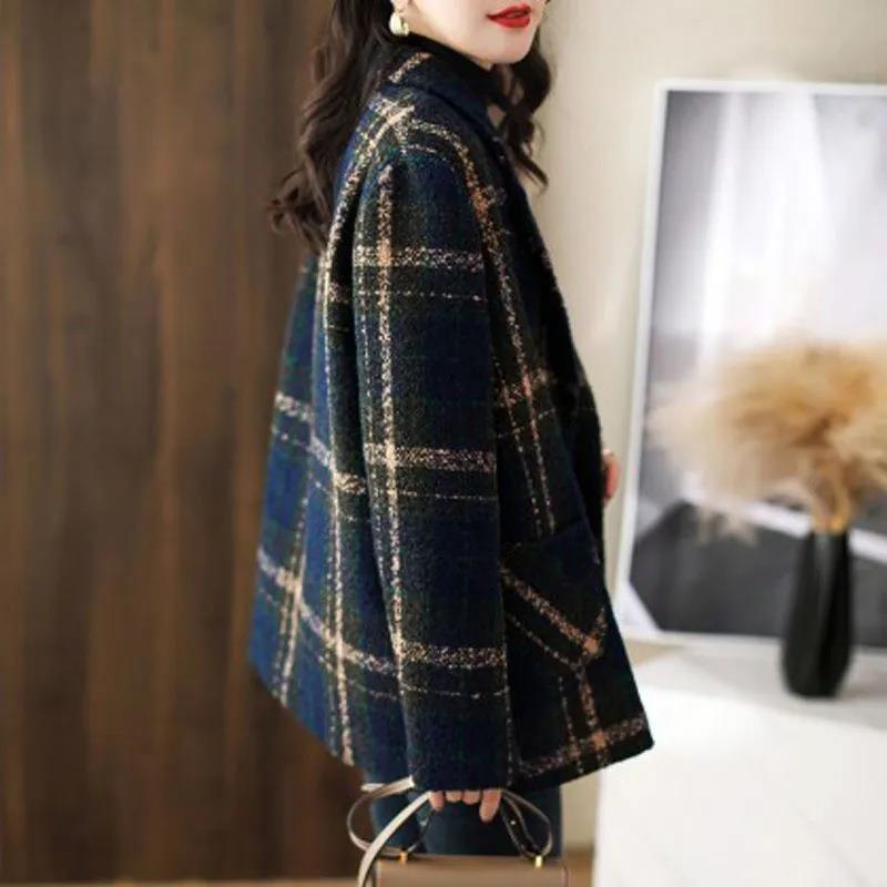 Slimming Retro Plaid Patchwork Coat - Wool Female Suit