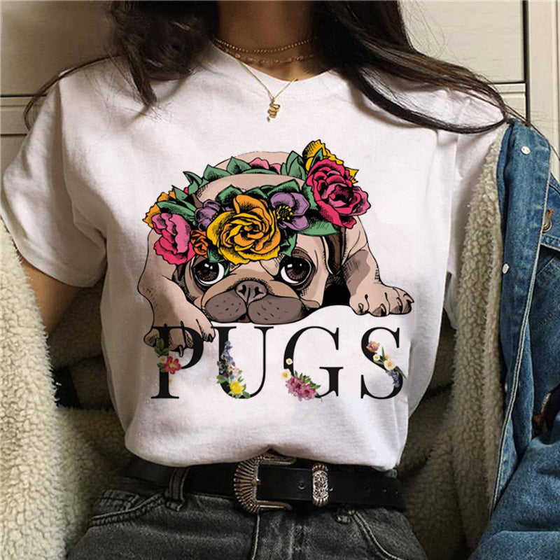 Pug Print Round-Neck Short-Sleeve Women's T-Shirt