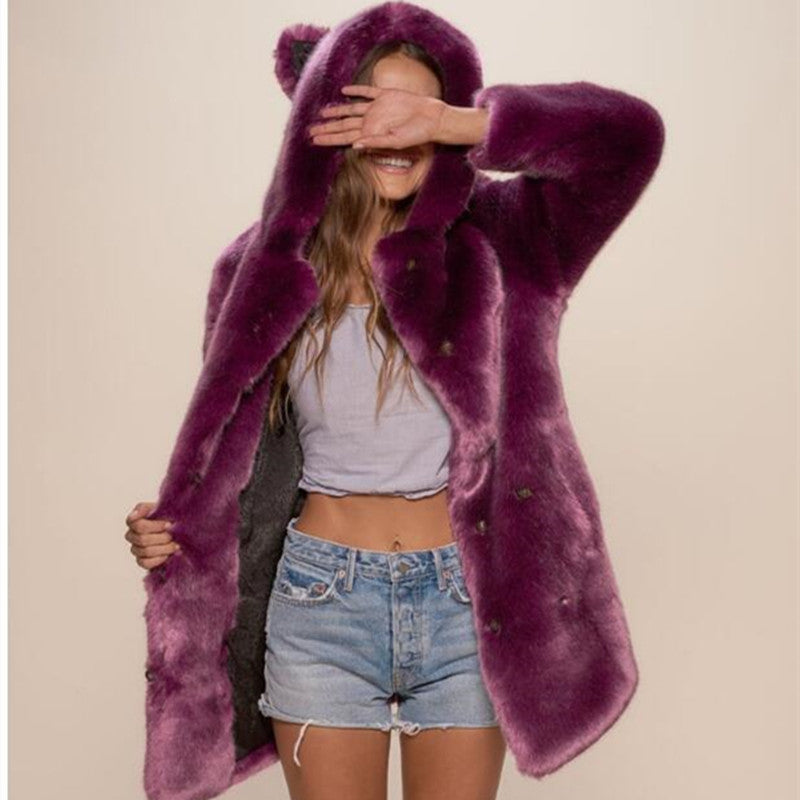 Faux Fur Hooded Long-Sleeve Coat