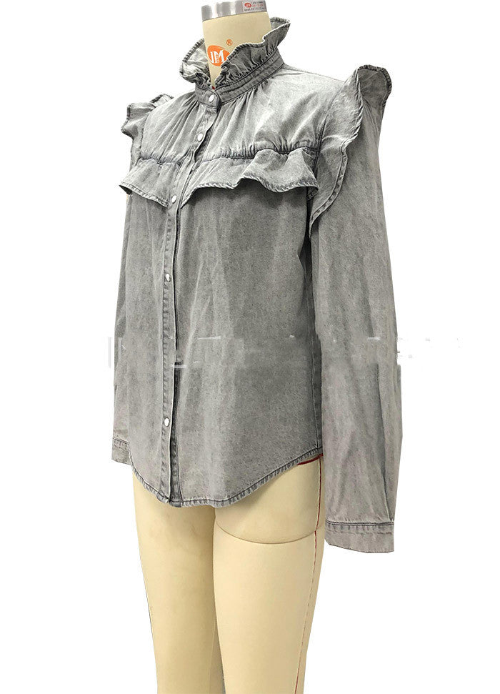 Ruffled Thin Commuter Denim Top