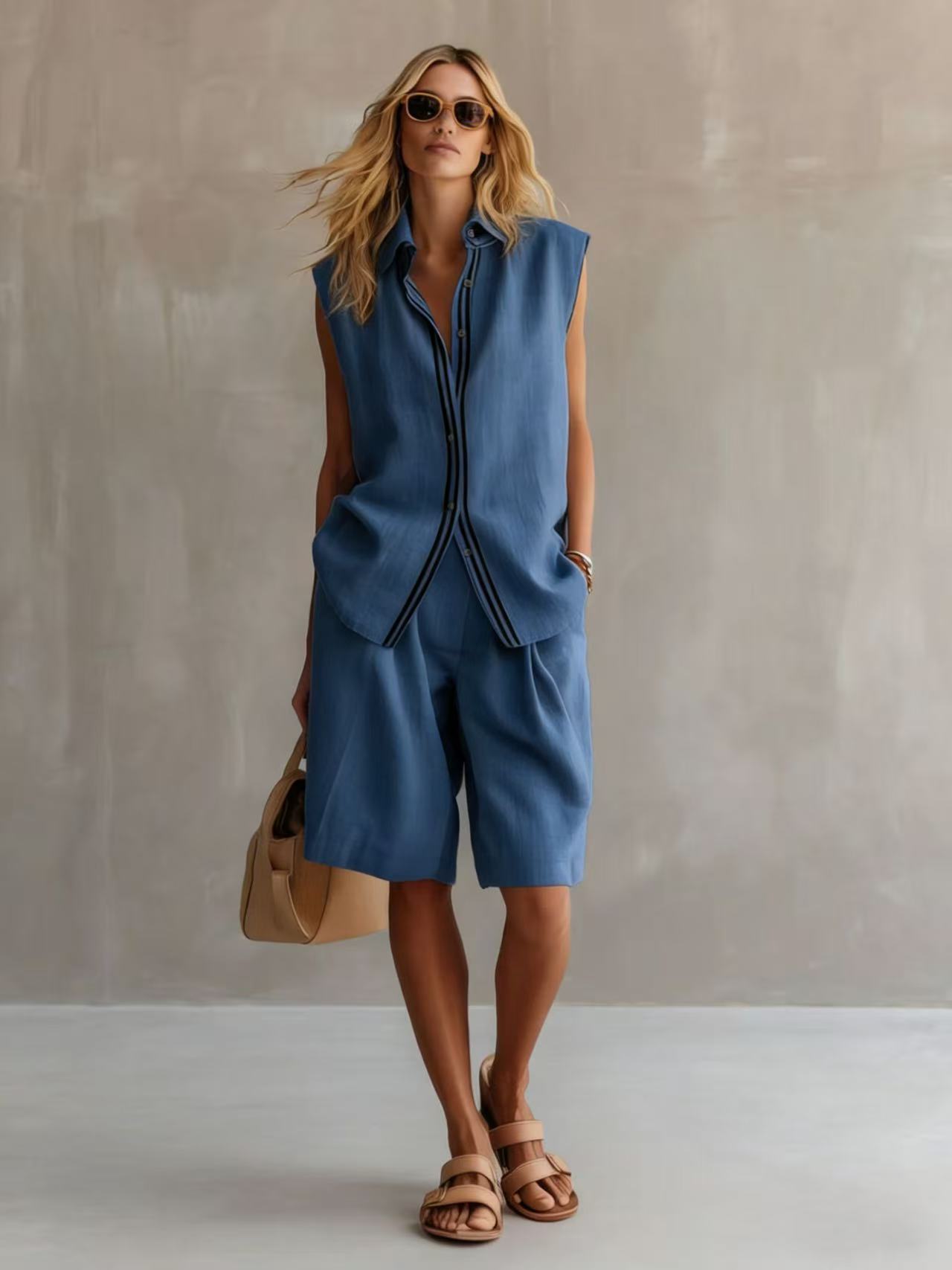 Single-breasted Sleeveless Linen Shirt And Shorts Set