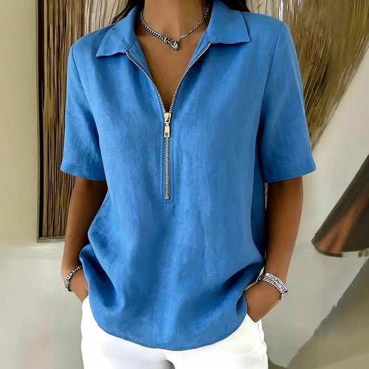 Solid-color Lapel-zip Mid-sleeve Womens Blouse