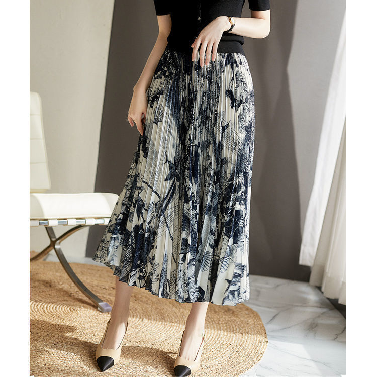 Elastic-Waist Ink Painting Midi Skirt