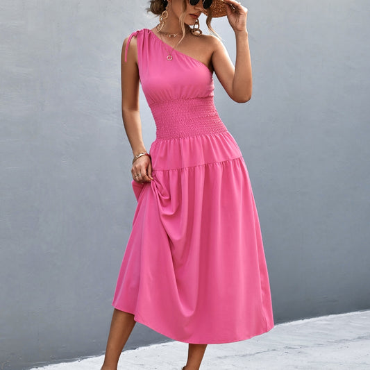 Slant-Shoulder Smocking Dress - European & American Style