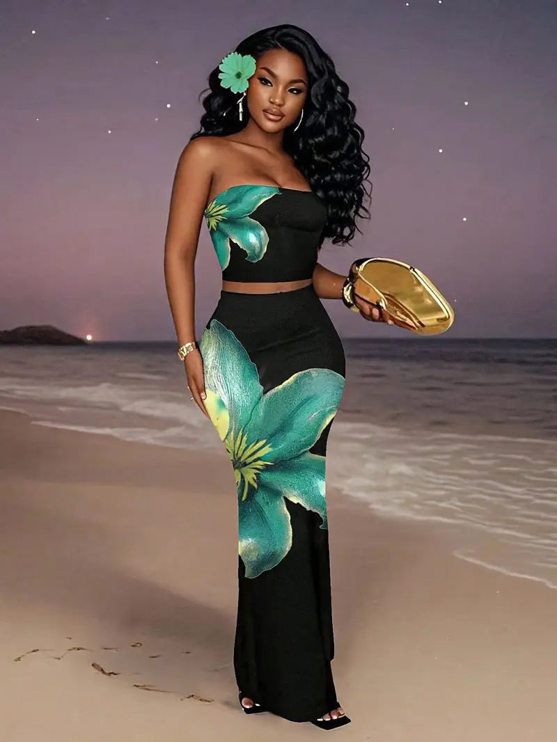 Sexy Form-fitting Two-piece Set Featuring A Floral Bustier Top And A Midriff-baring Bodycon Skirt