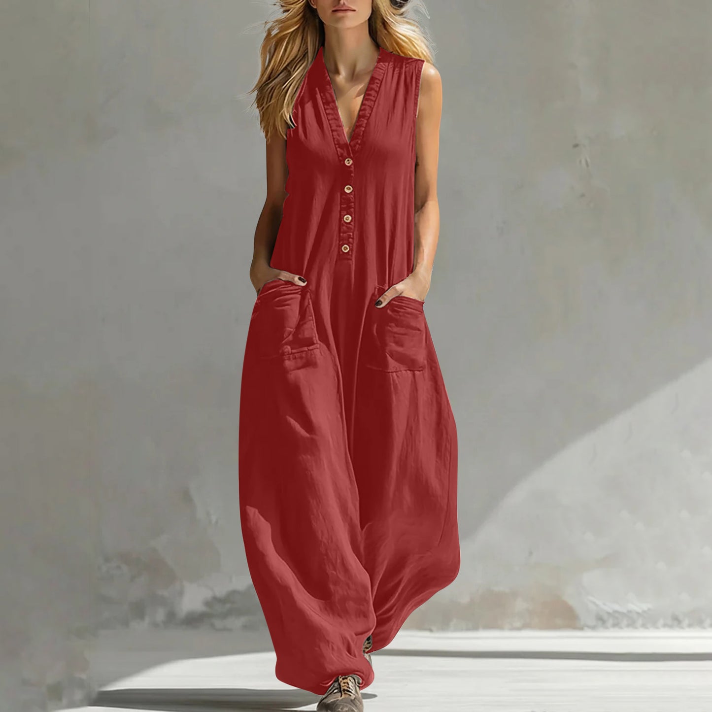 Womens Casual Linen-Cotton Sleeveless Jumpsuit With Two Pocket Straps