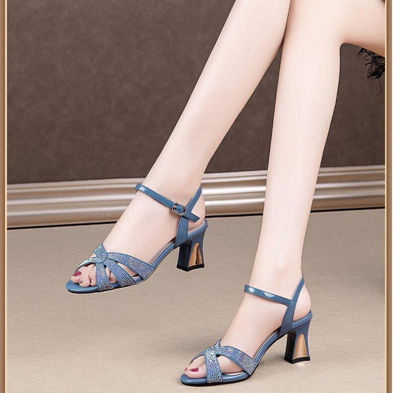 Rhinestone Low/Mid-Heel Leather Strap Sandals