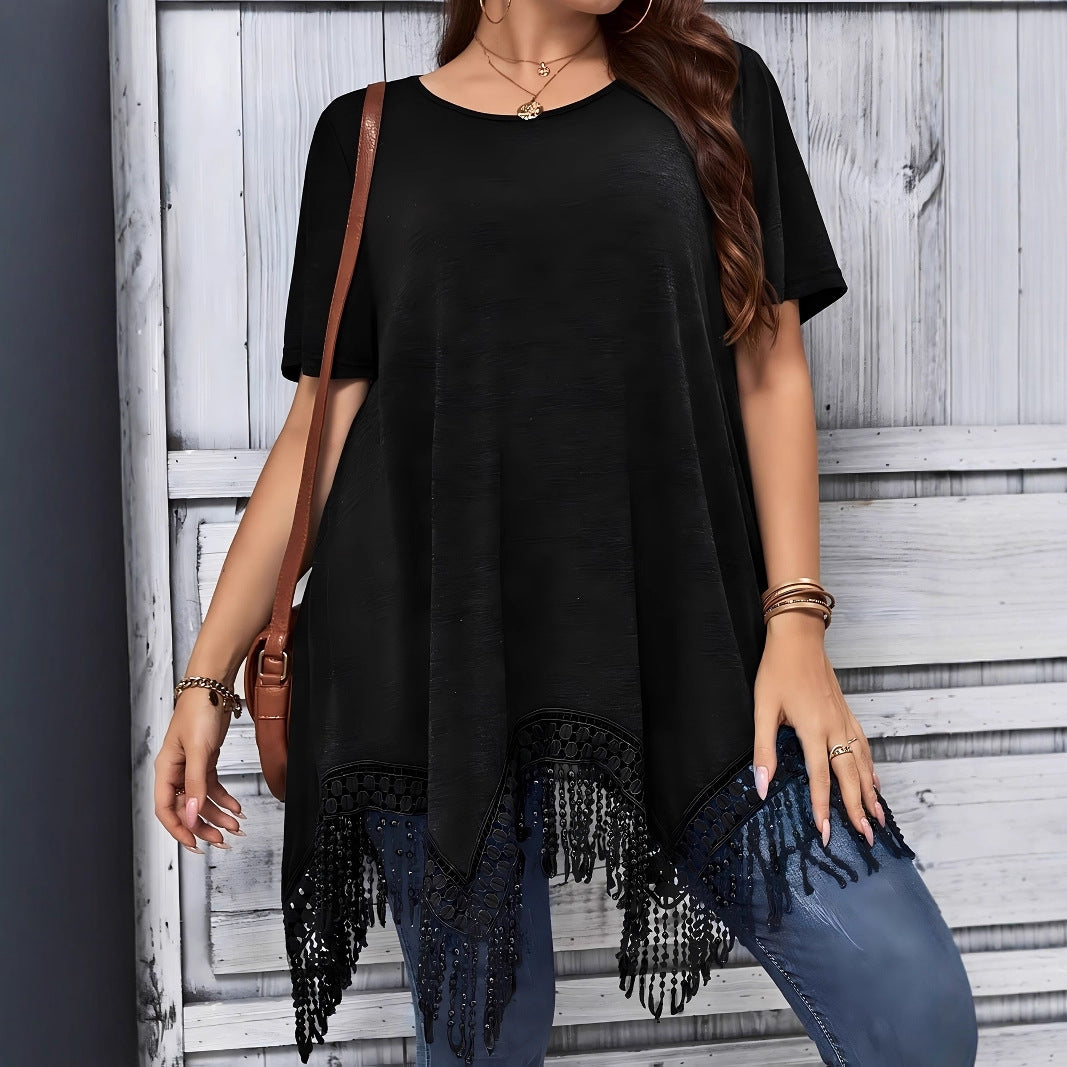 Versatile Solid-Color Short-Sleeve Top With Tassel-Trimmed Irregular Hem