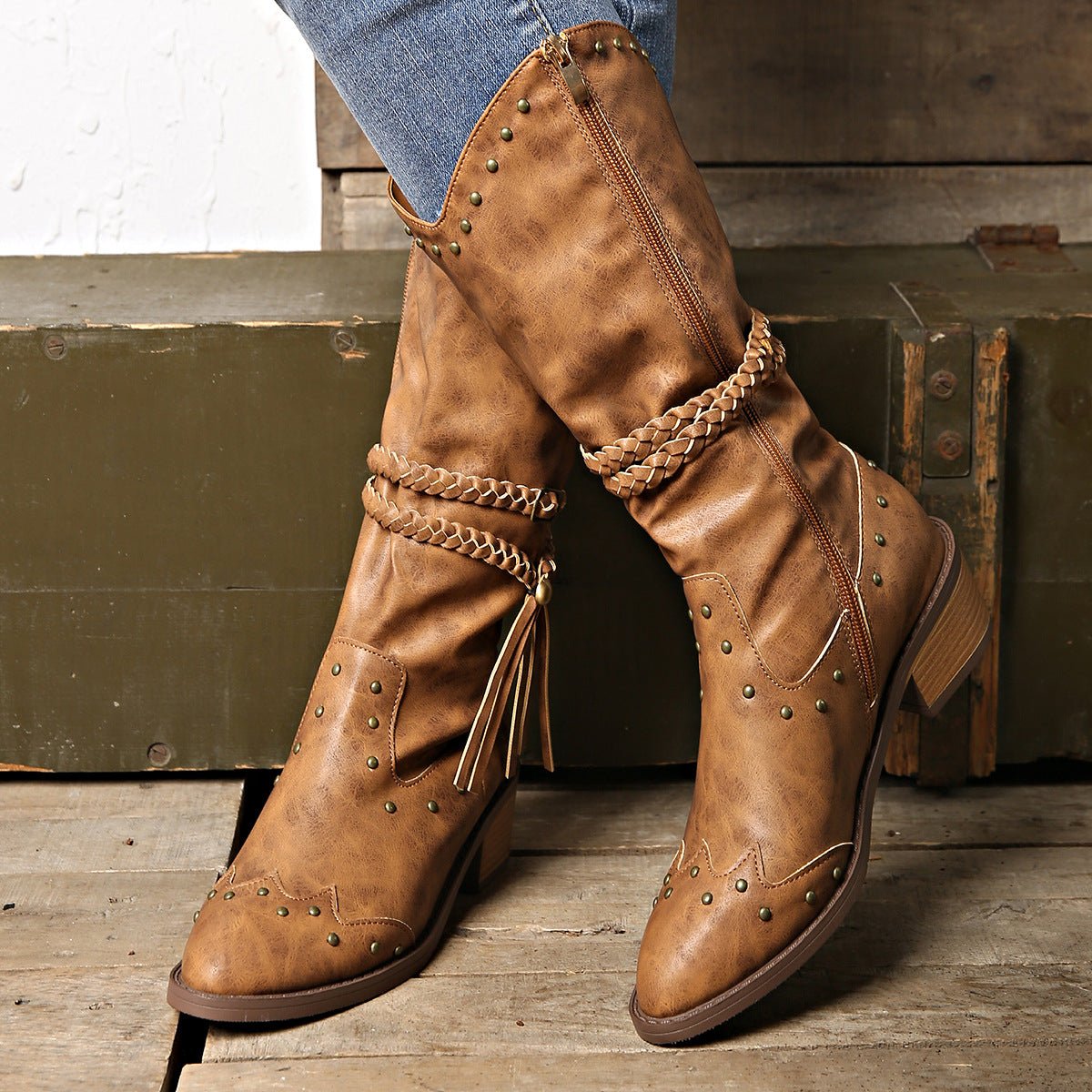 Retro Tassel Boots With Braided Strap Buckle