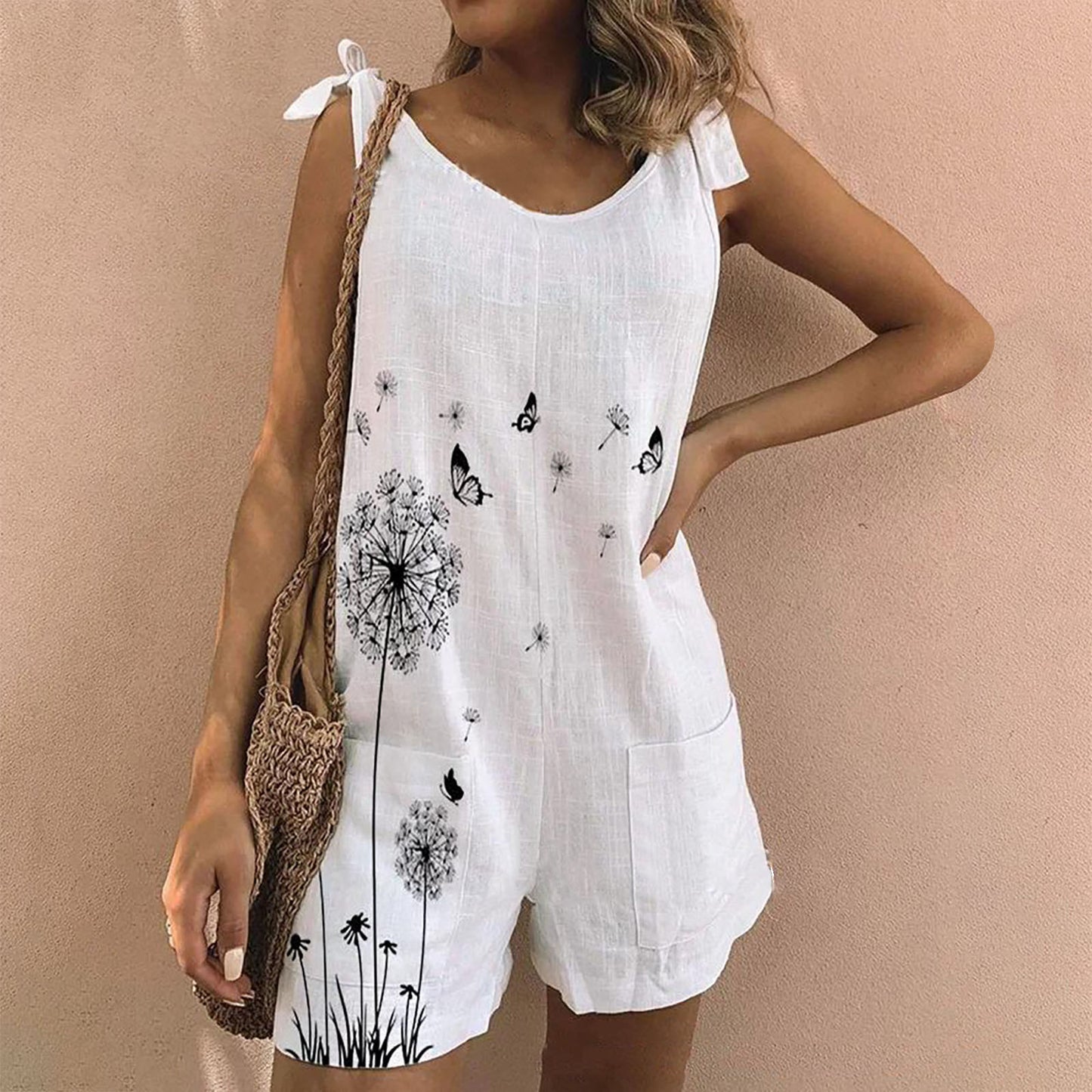 New Printed Cotton And Linen Slub Loose Style Jumpsuit