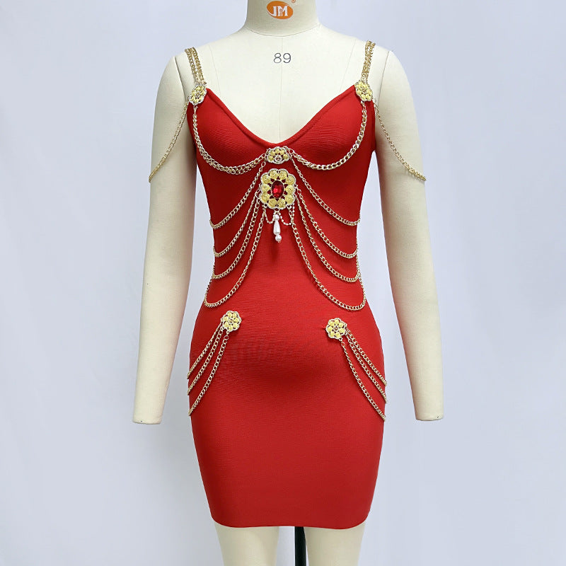 Gold Chain Bandage Evening Mini Dress