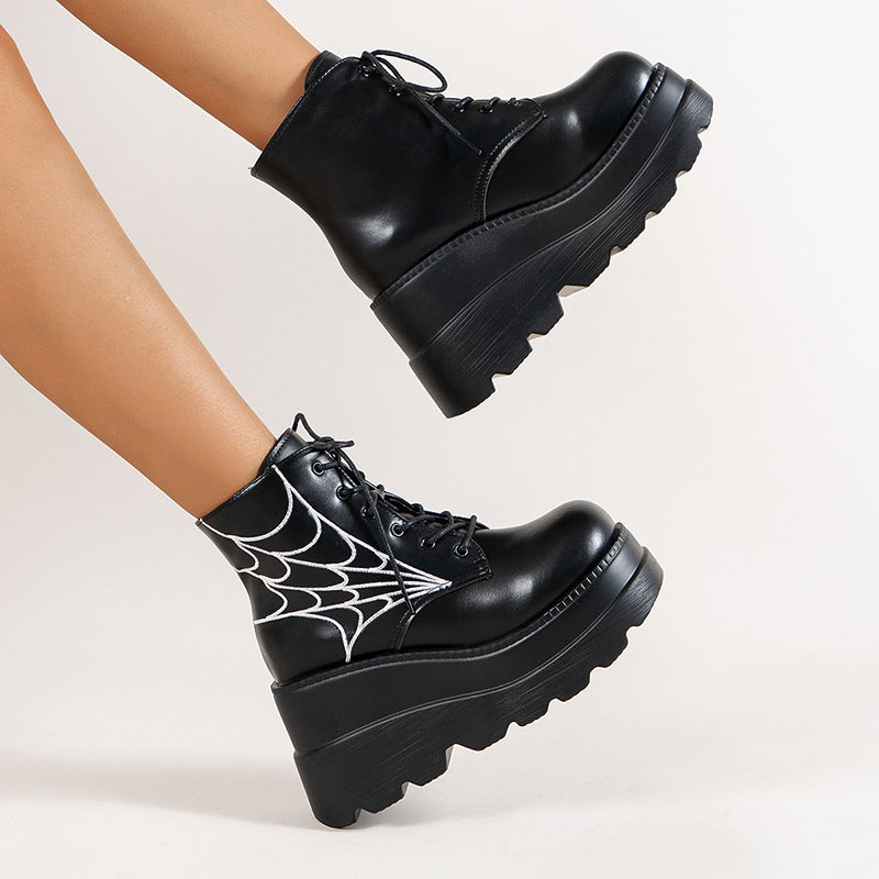 Fashion Spider Web Print Shoes - Chunky-Heel Boots For Women