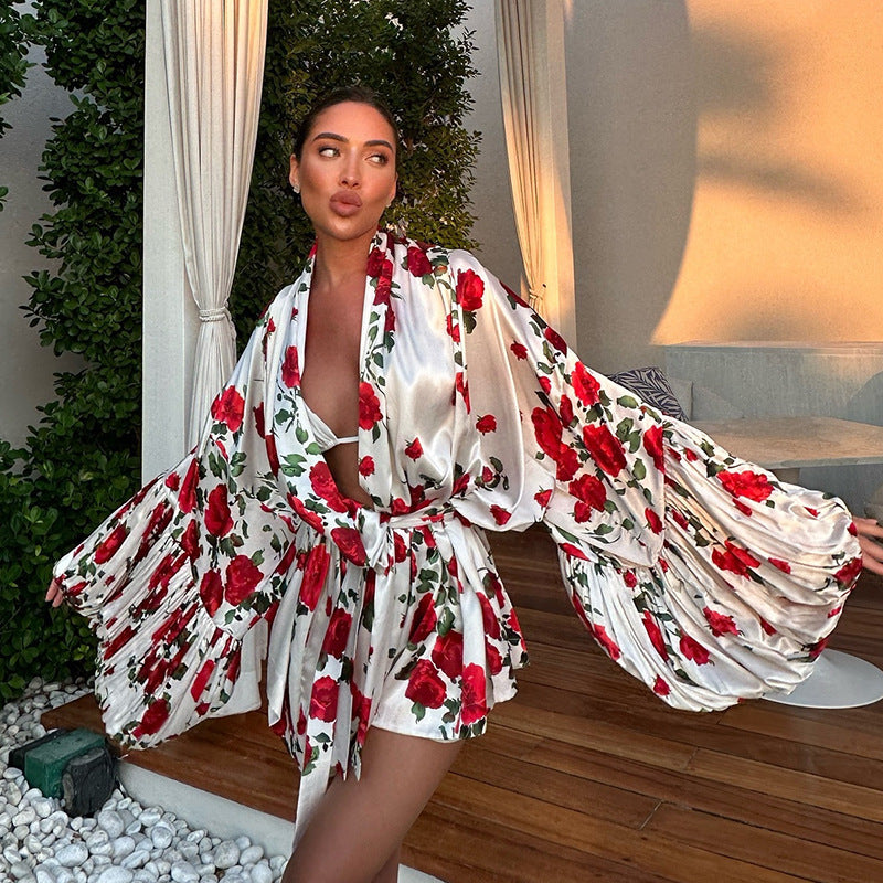 Printed Lantern-Sleeve Loose Shirt Dress