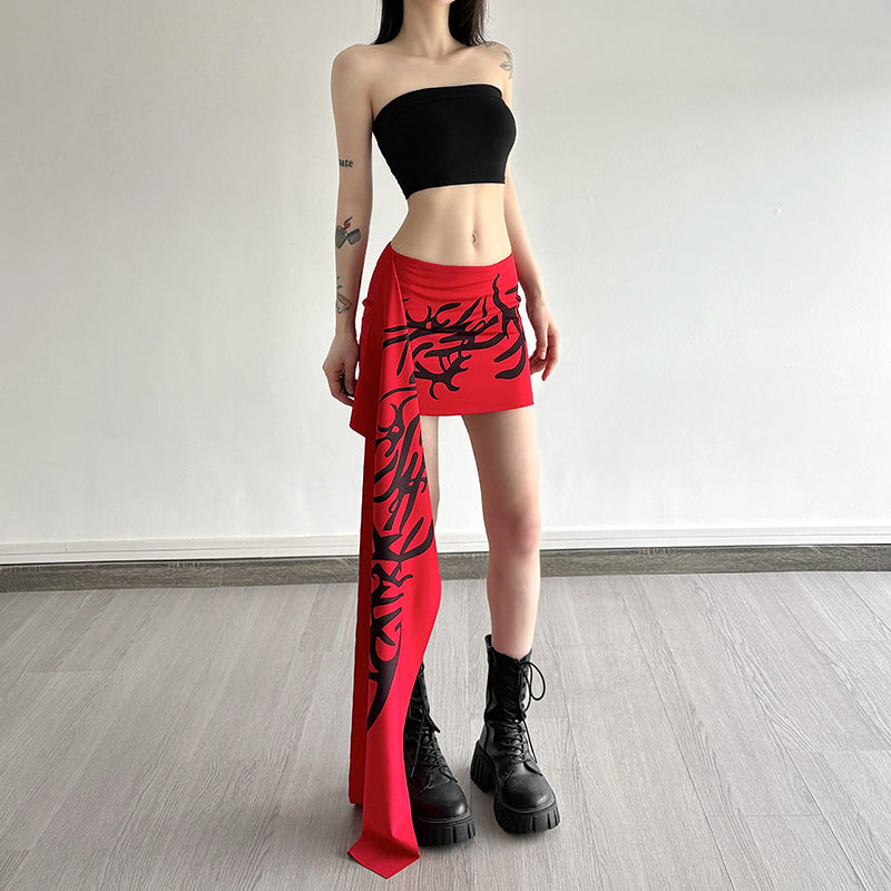 New Womens High-waisted Figure-flattering Asymmetrical Skirt With A Trendy Print