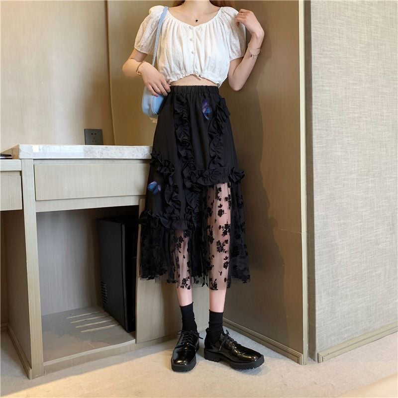 Black Irregular Design Thin Gauze Skirt