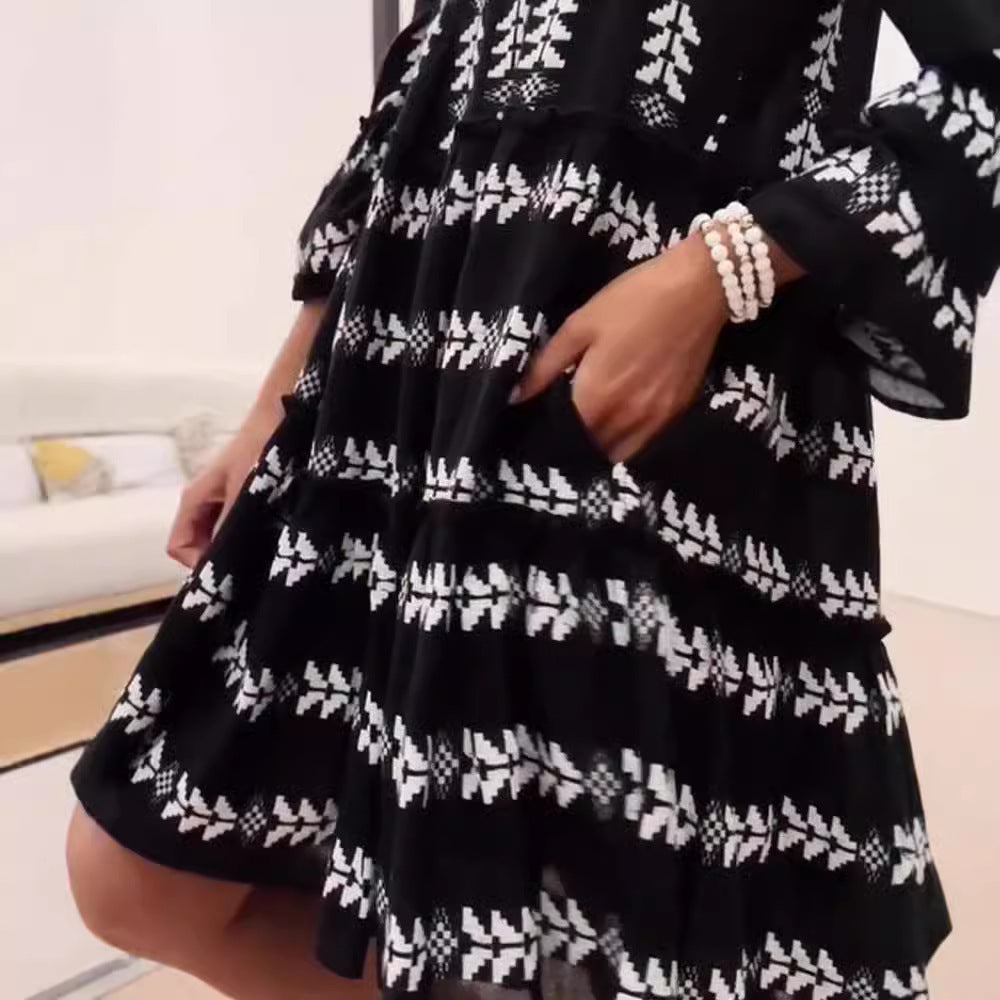 Flared-Sleeves V-Neck Printed Dress