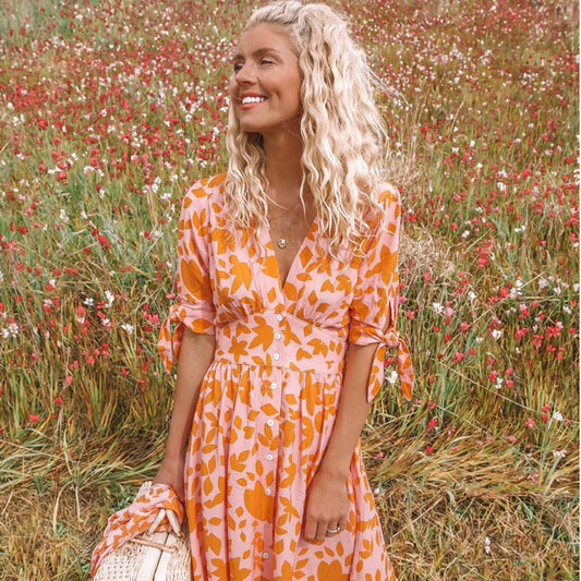 V-Neck Five-Point Sleeves Single-Breasted Printed Dress