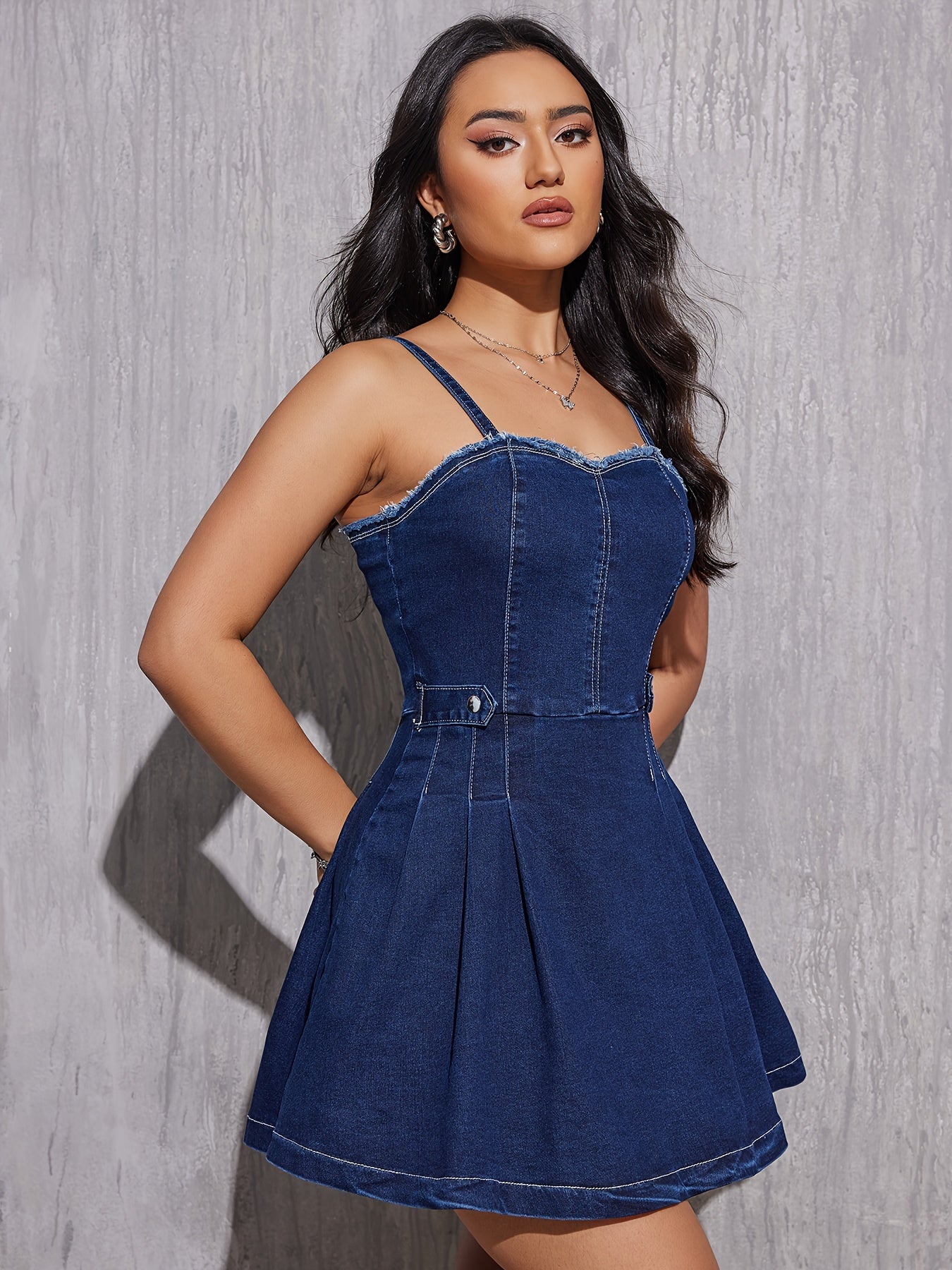 Cute Spaghetti-Strap Plain Washed Cami Denim Mini Dress