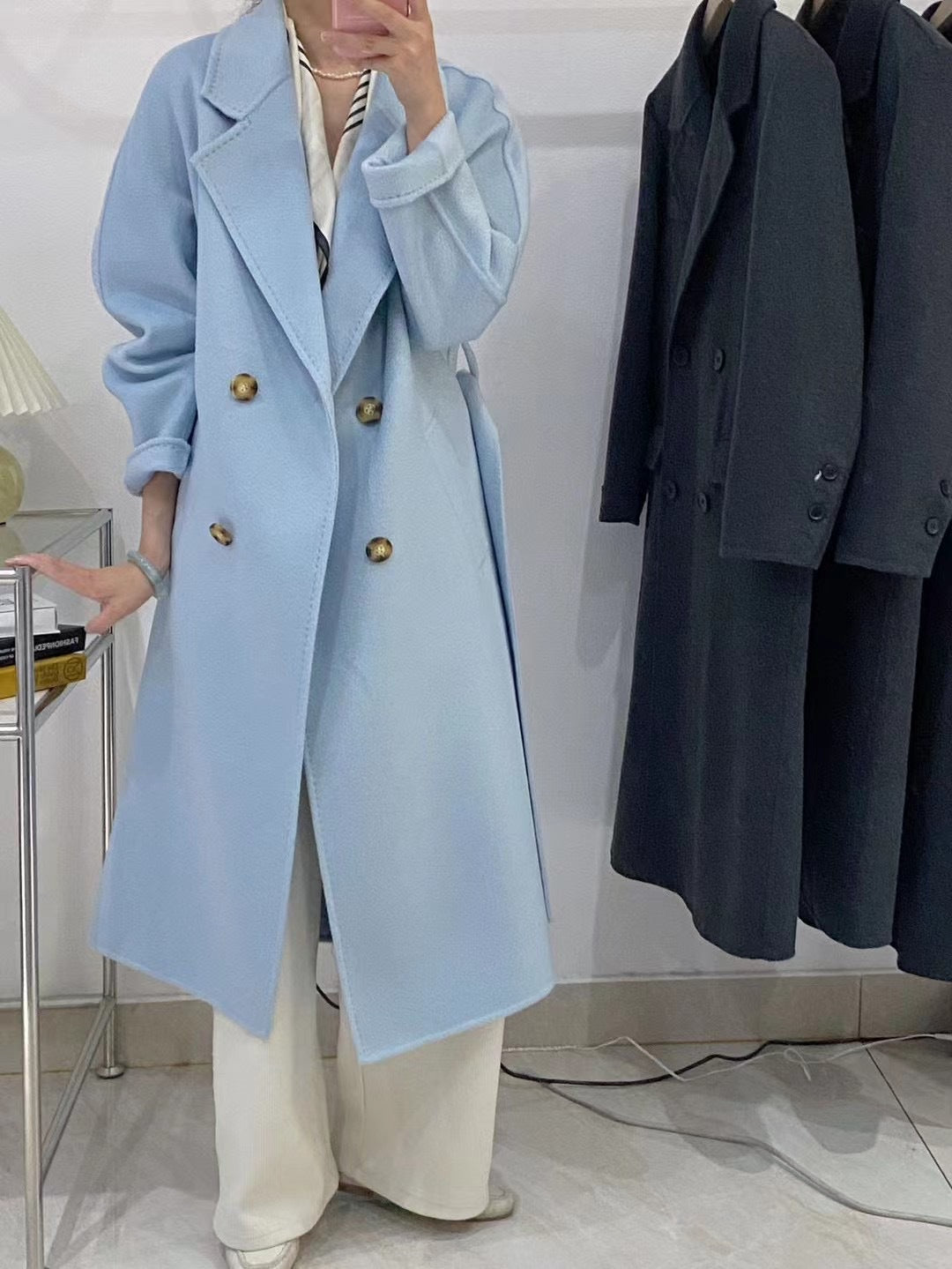 Reversible High-End Water-Ripple Cashmere Long Coat For Women