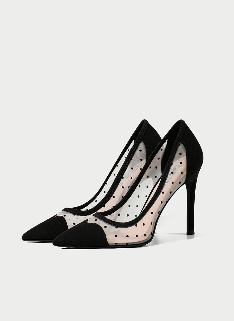 Polka-Dot Pointed-Toe Shallow-Mouth Mid-Heel Shoes