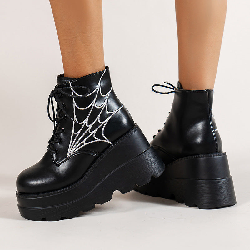 Fashion Spider Web Print Shoes - Chunky-Heel Boots For Women