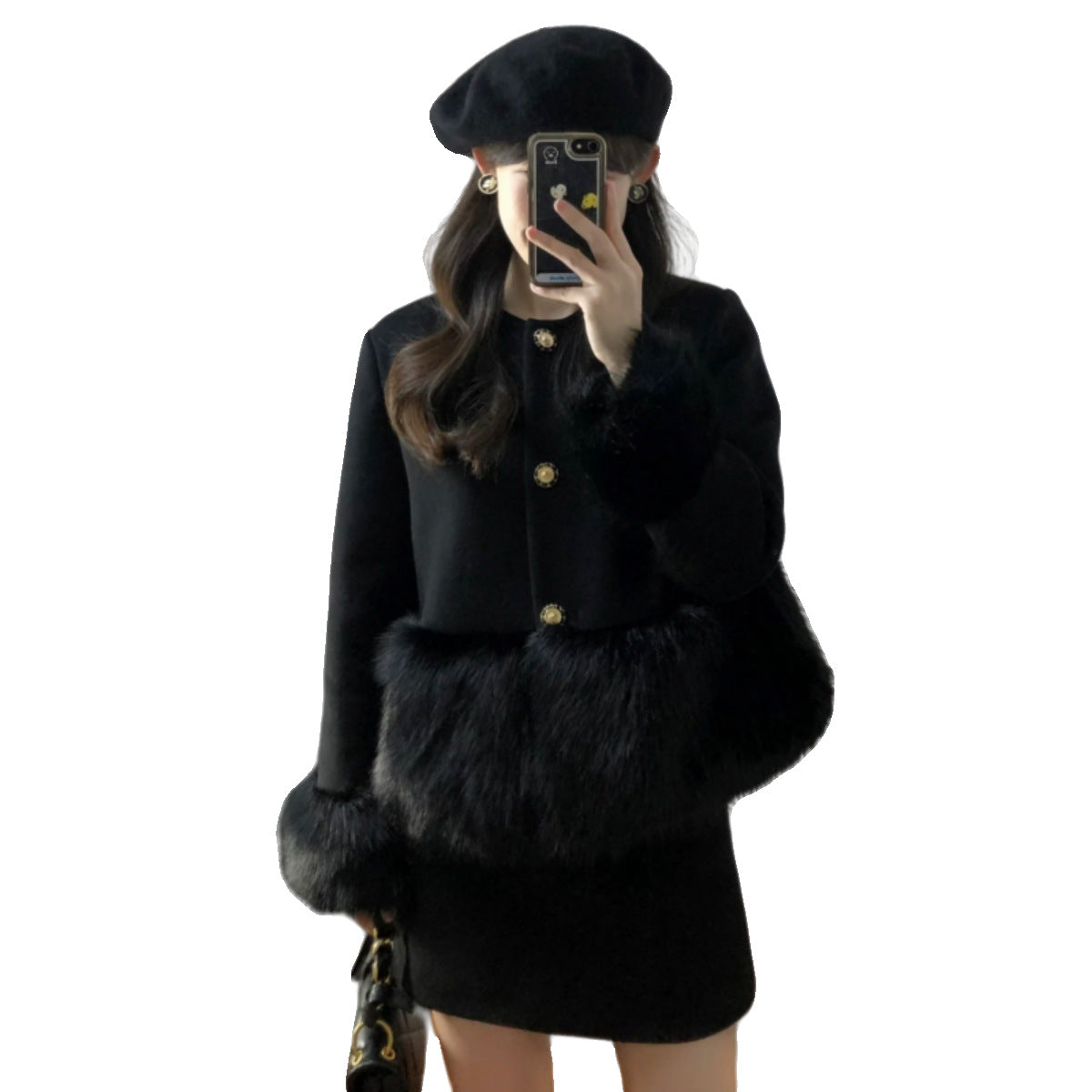 Black Burr Patchwork Wool Short Coat - Two-Piece Overskirt Suit