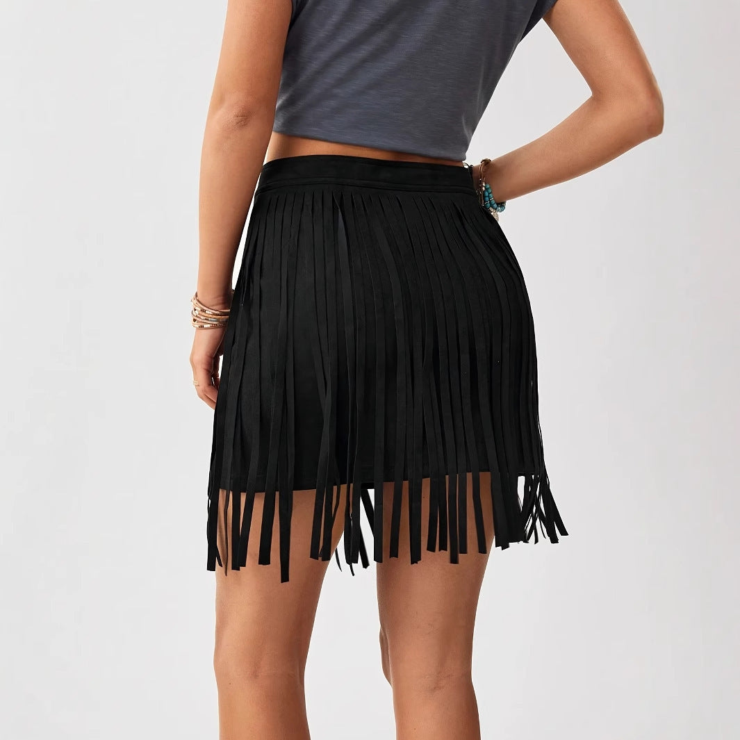 Denim-Style Tassel Front Zipper Casual Mini Skirt