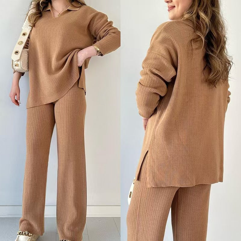 AutumnWinter New Style Fashion Solid Color Loose Hem Split Knit Sweater Two-Piece Set For Women